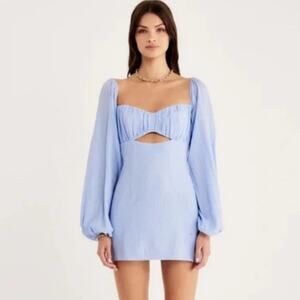 Rumer The Label Camille Blue Cotton Cutout Mini Dress NWT Revolve Puff Sleeve XS